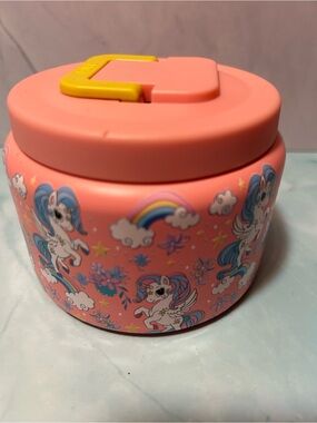 Pink Unicorn Kids Snack Container with Yellow Flip Lid